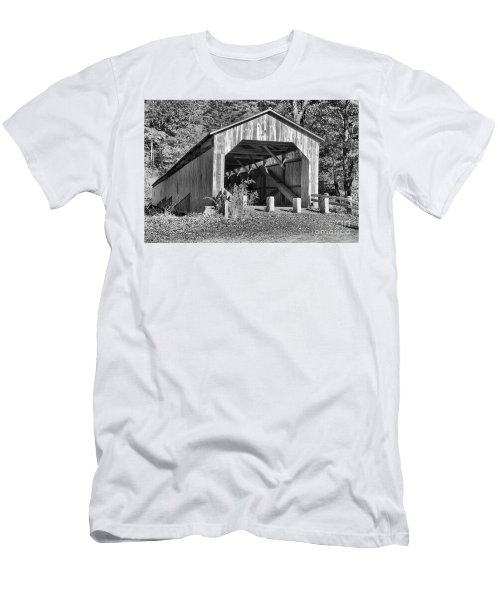 Scott Covered Bridge T-Shirt featuring the photograph Scott Covered Bridge Black And White by Adam Jewell