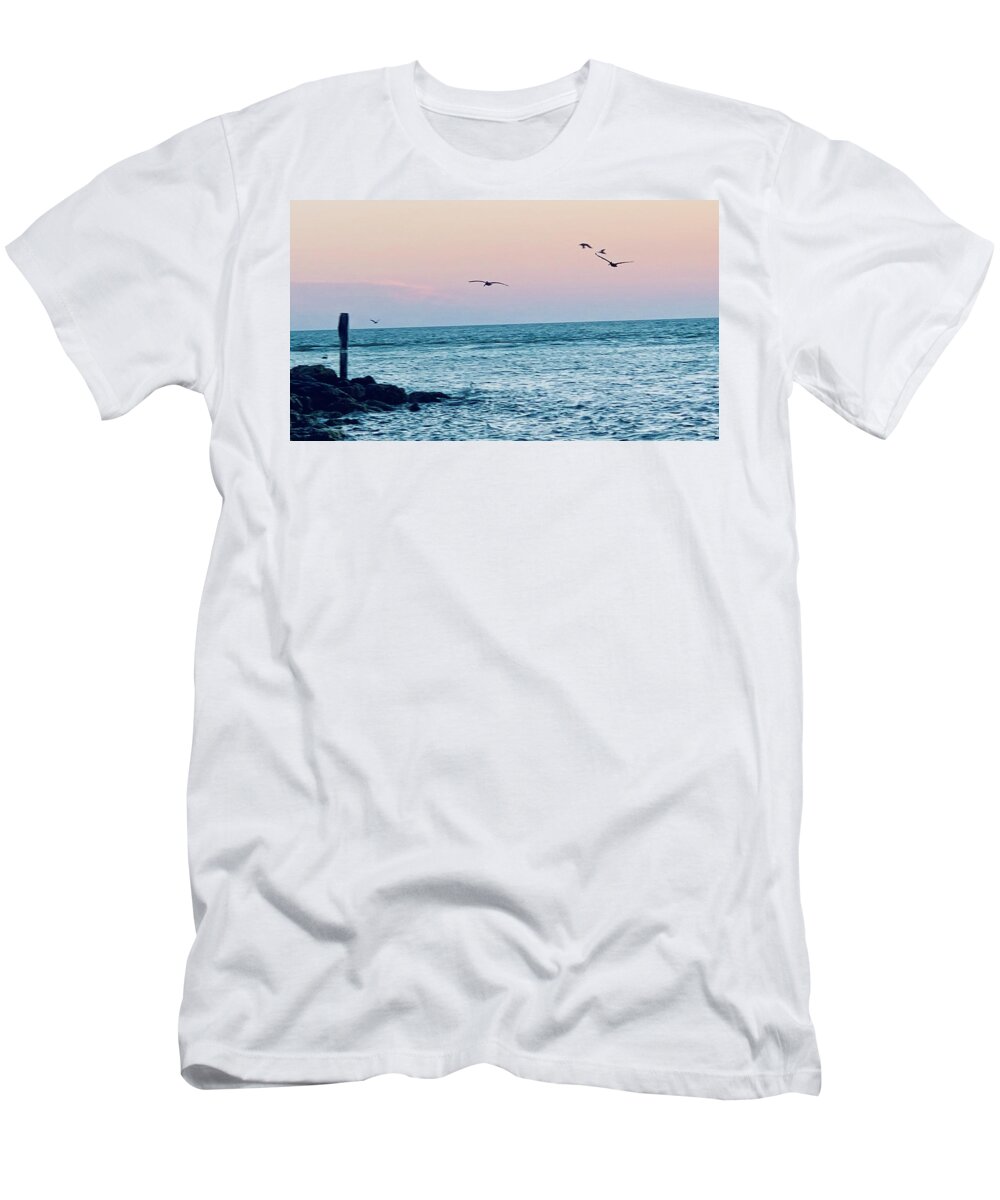 Birds T-Shirt featuring the photograph Seabirds Feeding at Sunset in Captiva Island Florida off the Jetty by Shelly Tschupp
