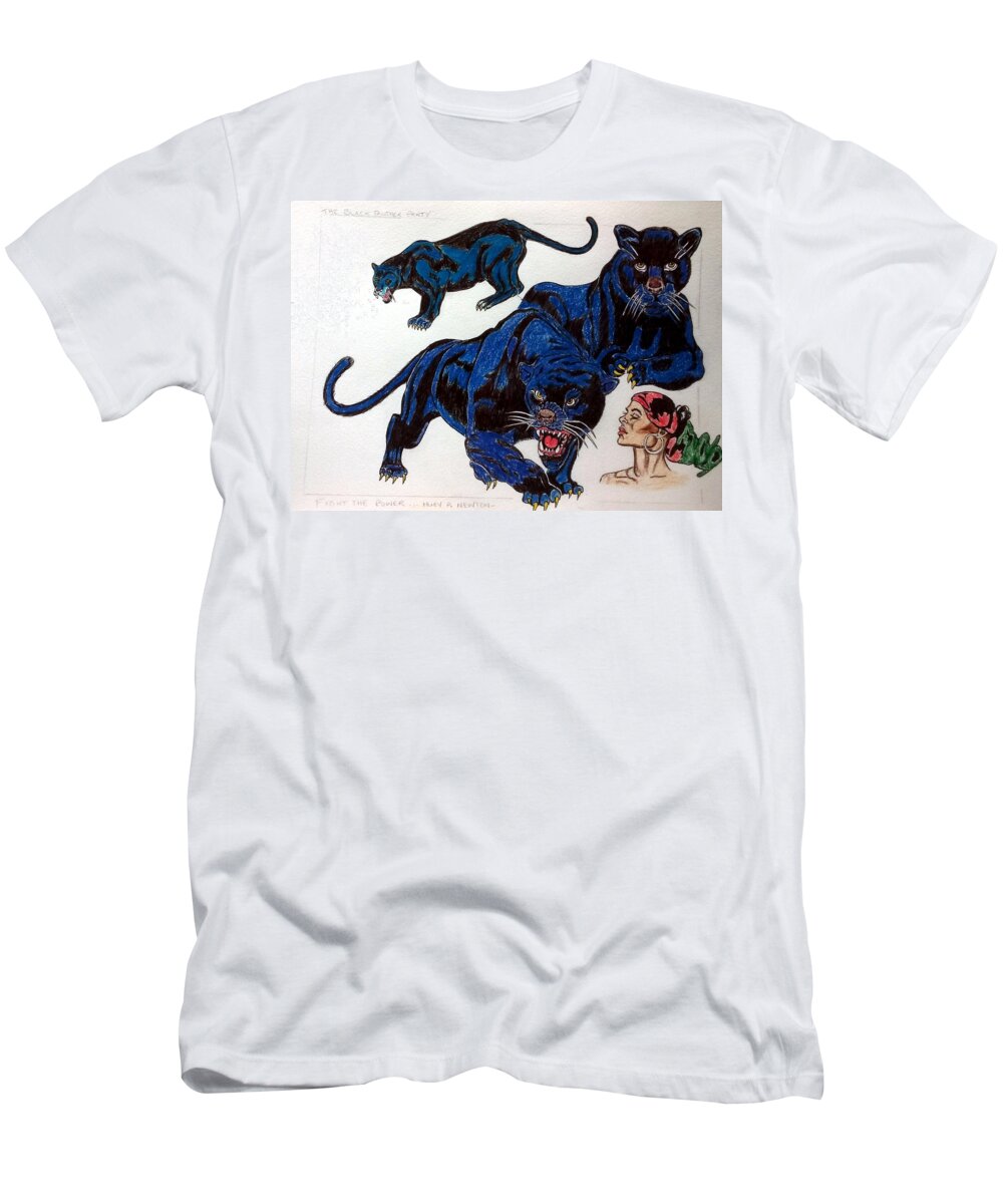 Black Art T-Shirt featuring the drawing Serenade of the Black Panther by Joedee