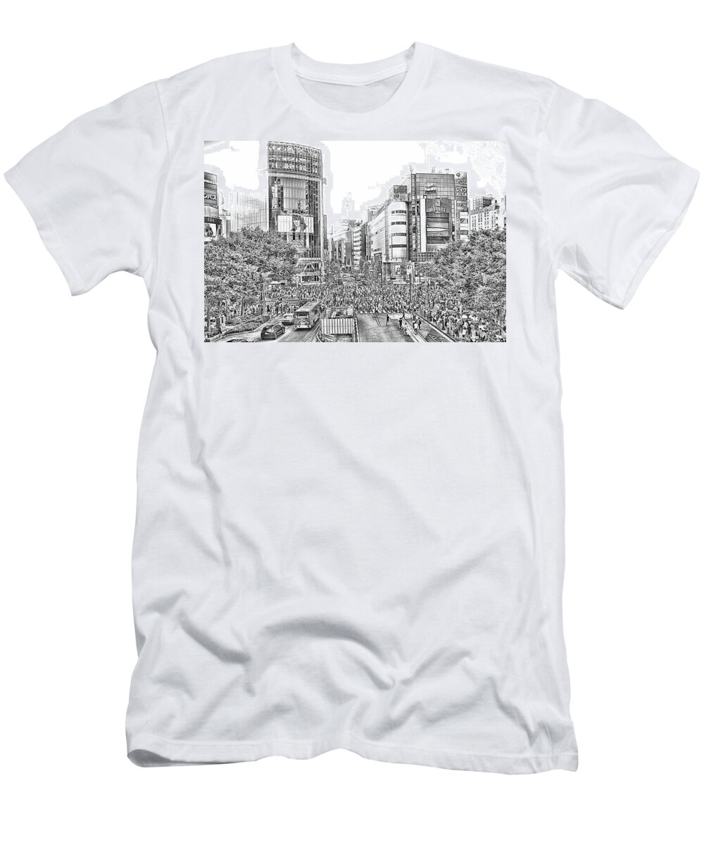 Asia T-Shirt featuring the photograph Shibuya HDR bW by Martin Michael Pflaum