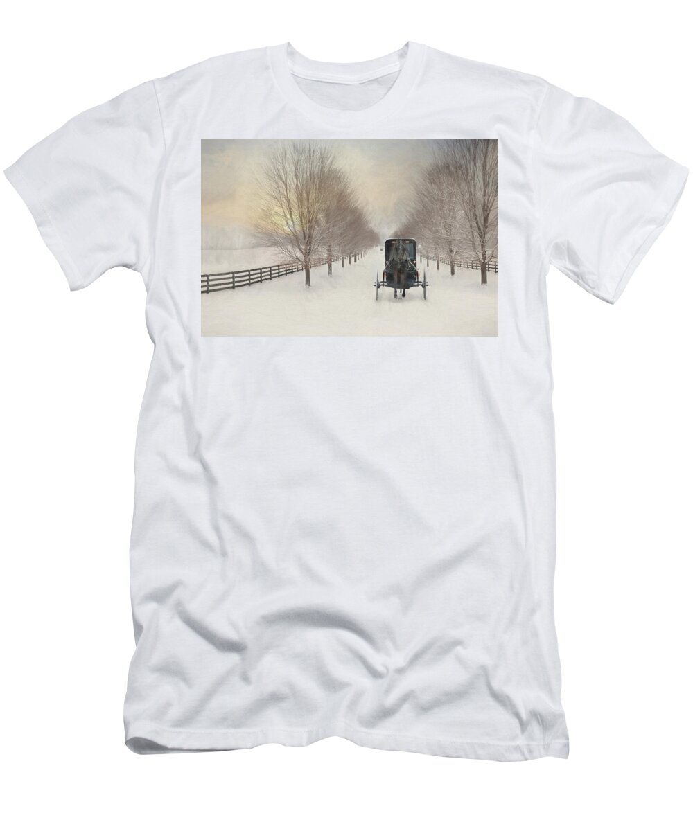 Amish T-Shirt featuring the mixed media Snowy Amish Lane by Lori Deiter