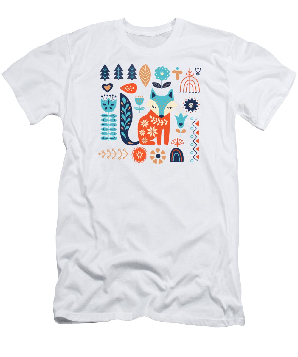 Painting T-Shirt featuring the painting Soft And Sweet Scandinavian Fox Folk Art by Little Bunny Sunshine