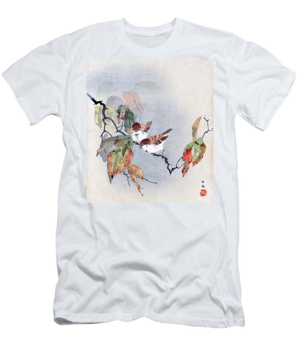 Shoki T-Shirt featuring the painting Sparrows by Shoki