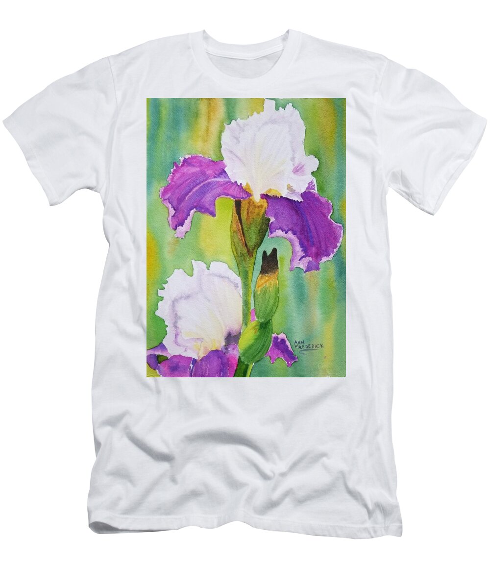 Iris T-Shirt featuring the painting Spring Iris by Ann Frederick