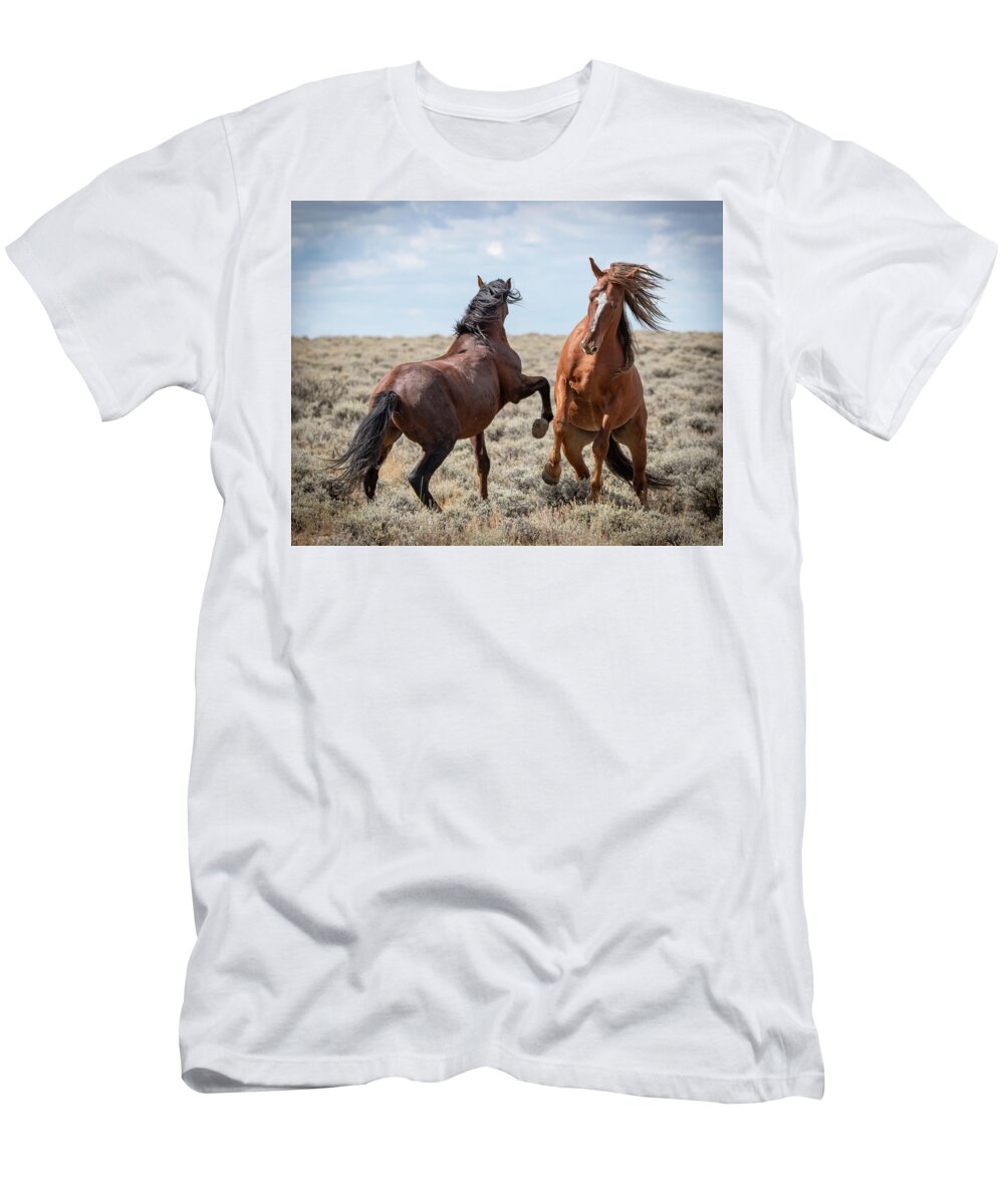 Wild Horses T-Shirt featuring the photograph Stallion speak by Mary Hone