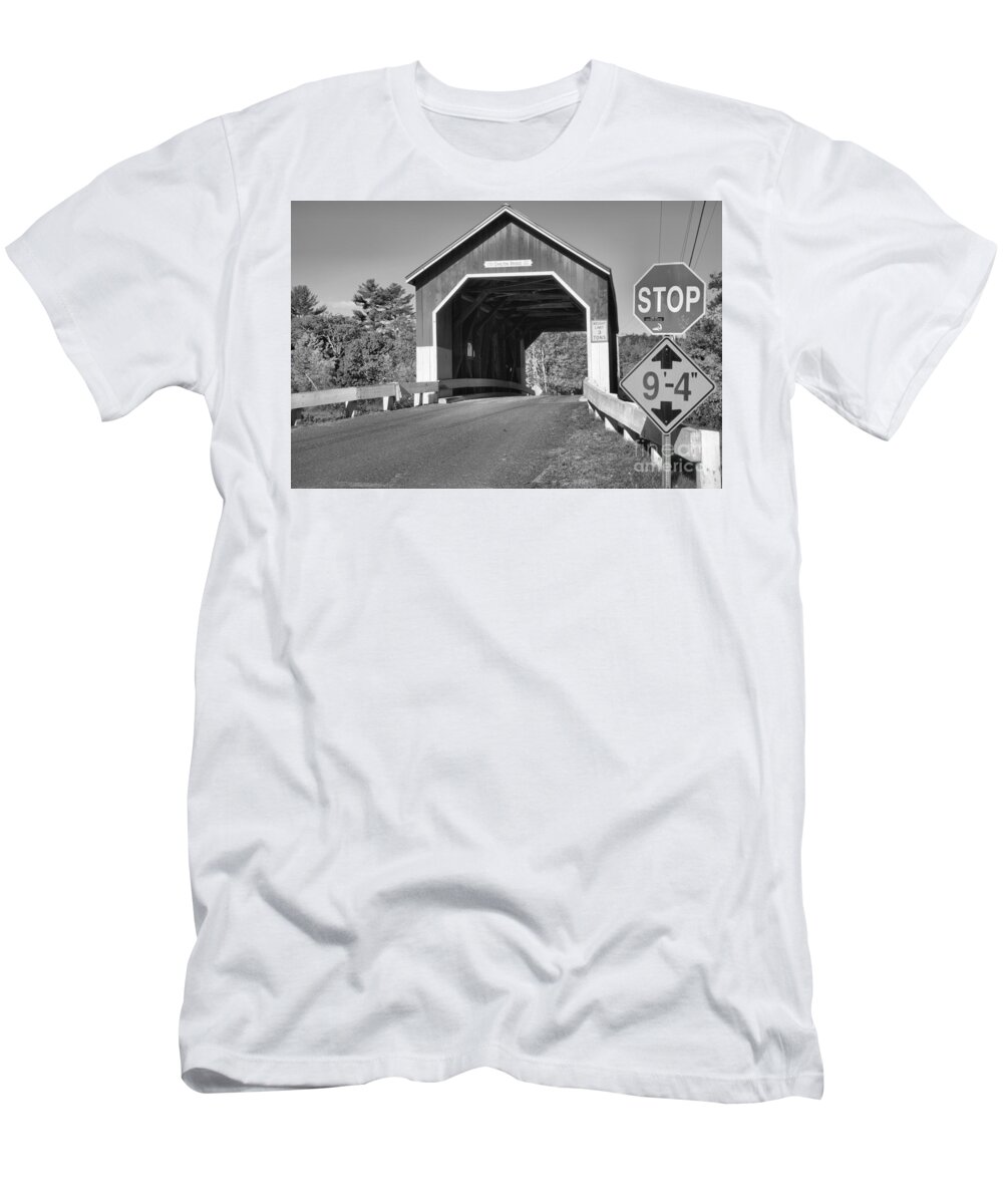 Carleton Covered Bridge T-Shirt featuring the photograph Stop At The Carleton Covered Bridge Black And White by Adam Jewell