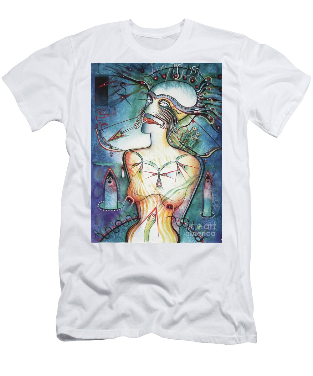 #iconic #icons #symbolic #fantasy #watercolor #straighttonguearrow #balasticmissles #arrows #glenneff #picturerockstudio #thesoundpoetsmusic #iconseries #moutharrow #watercolor #endoftheworld #aliens Www.glenneff.com T-Shirt featuring the painting Straight Tongue Arrow by Glen Neff