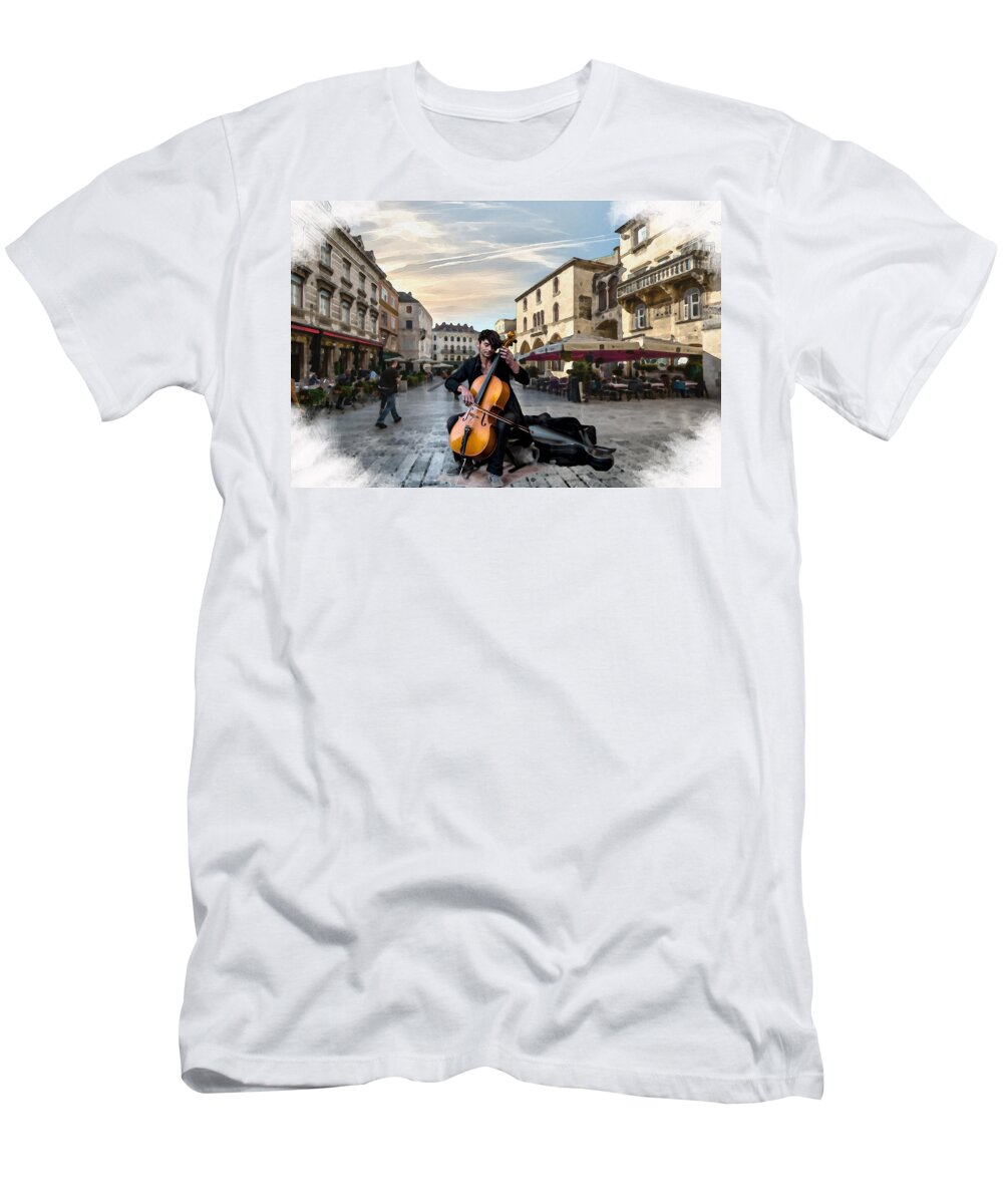 Music T-Shirt featuring the mixed media Street Music. Cello. by Alex Mir