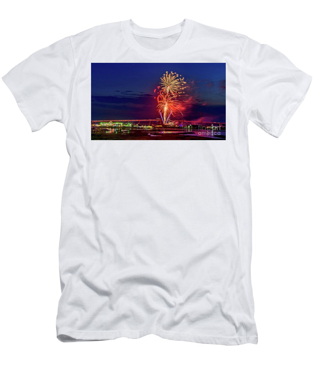 Surf City T-Shirt featuring the photograph Surf City Fireworks 2019-2 by DJA Images