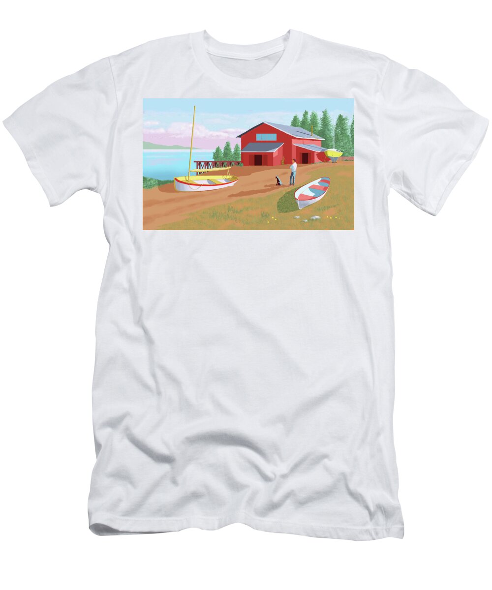 Boat Shop Row Boat Rowing Sea Lake Ocean Paddle Boating Fore Shore Rowing Sailing Seaside Beach Sand Swim Float T-Shirt featuring the digital art The Boat Shop by Gary Giacomelli