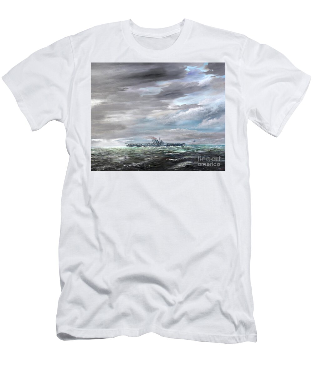 Ship T-Shirt featuring the painting The Last B25 B flies off USS Hornet April 18th 1942 by Vincent Alexander Booth