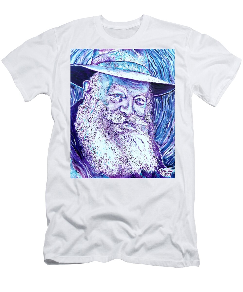 Rabbi T-Shirt featuring the painting The Lubavitcher Rebbe Purple by Yom Tov Blumenthal