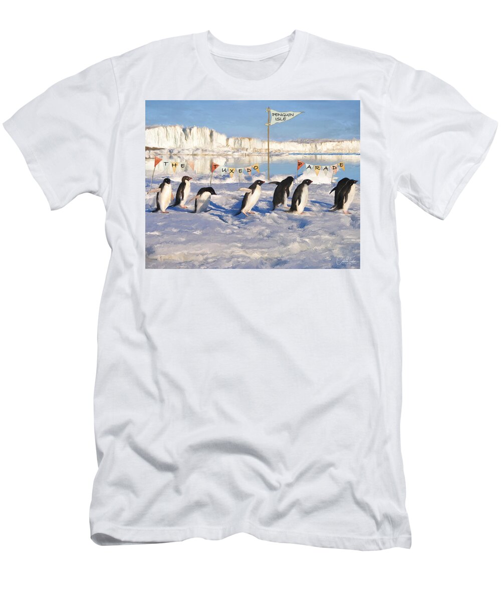 Penguins T-Shirt featuring the mixed media The Tuxedo Parade by Colleen Taylor