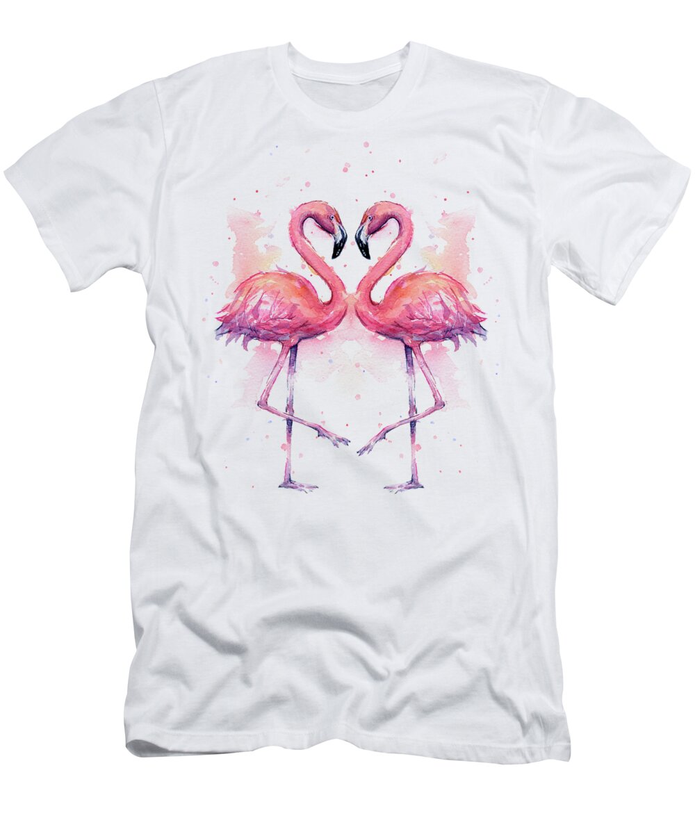 Flamingo T-Shirt featuring the painting Two Flamingos In Love Watercolor by Olga Shvartsur