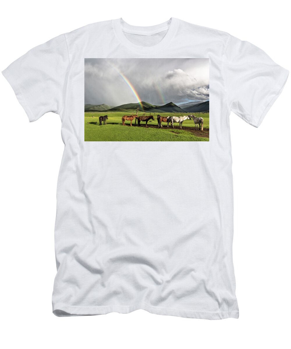 Estock T-Shirt featuring the photograph Two Rainbows Above Steppe, Mongolia by Martina Vanzo