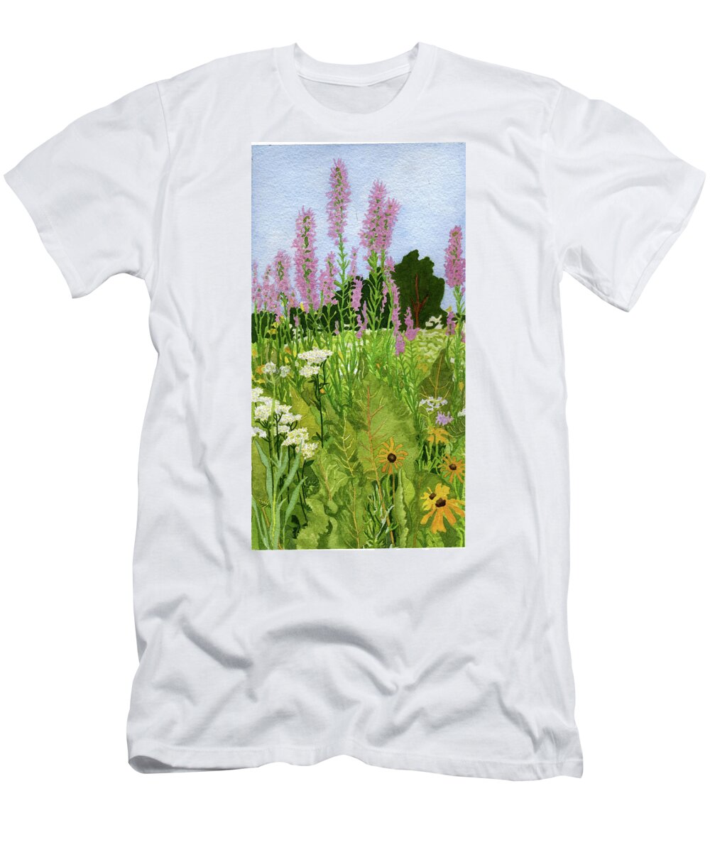 Wolf Road Prairie T-Shirt featuring the painting Under a Sea of Blazing Star by Alice Ann Barnes