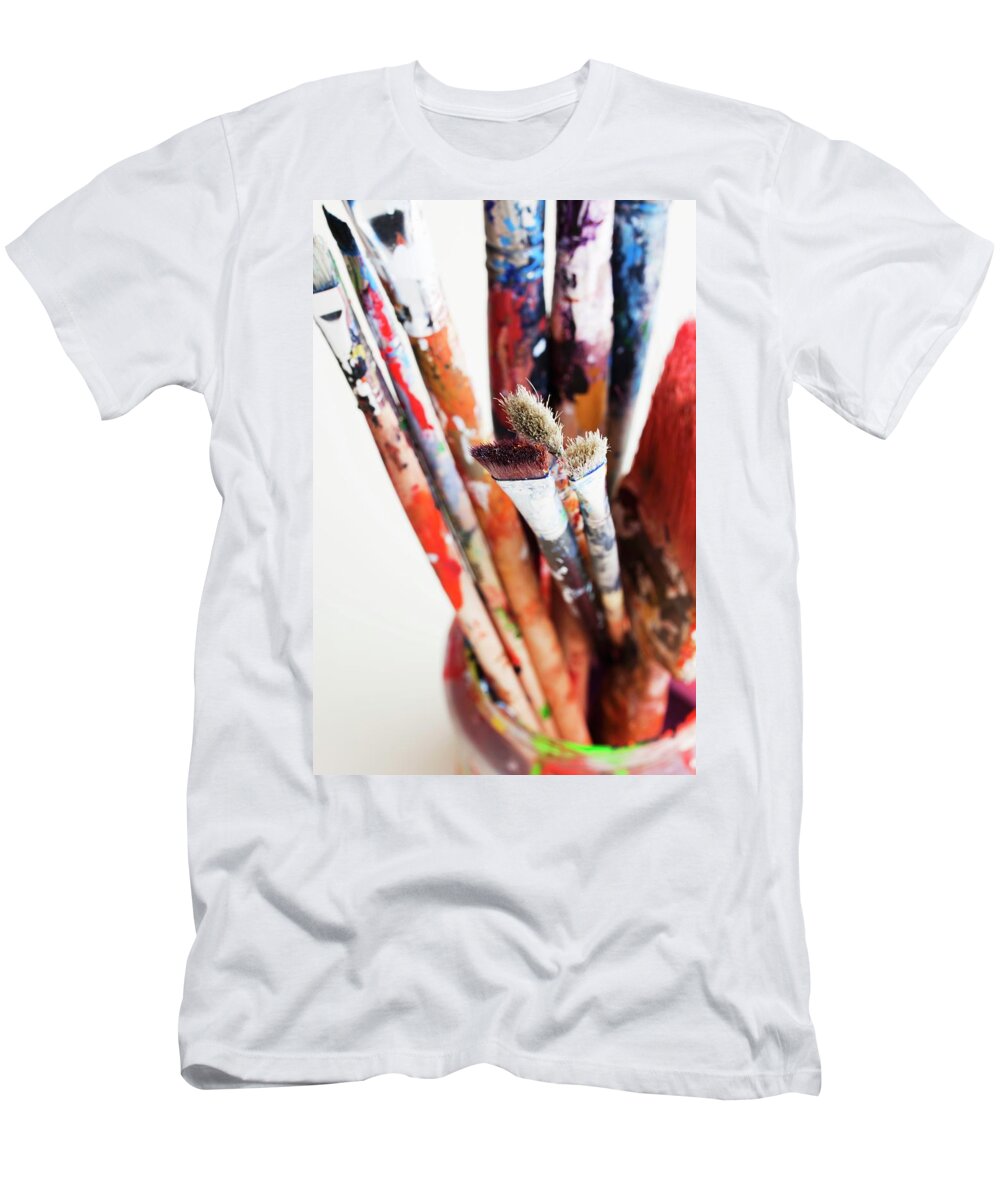 Ip_11082016 T-Shirt featuring the photograph Used Paint Brushes In Jars by Sabine Lscher