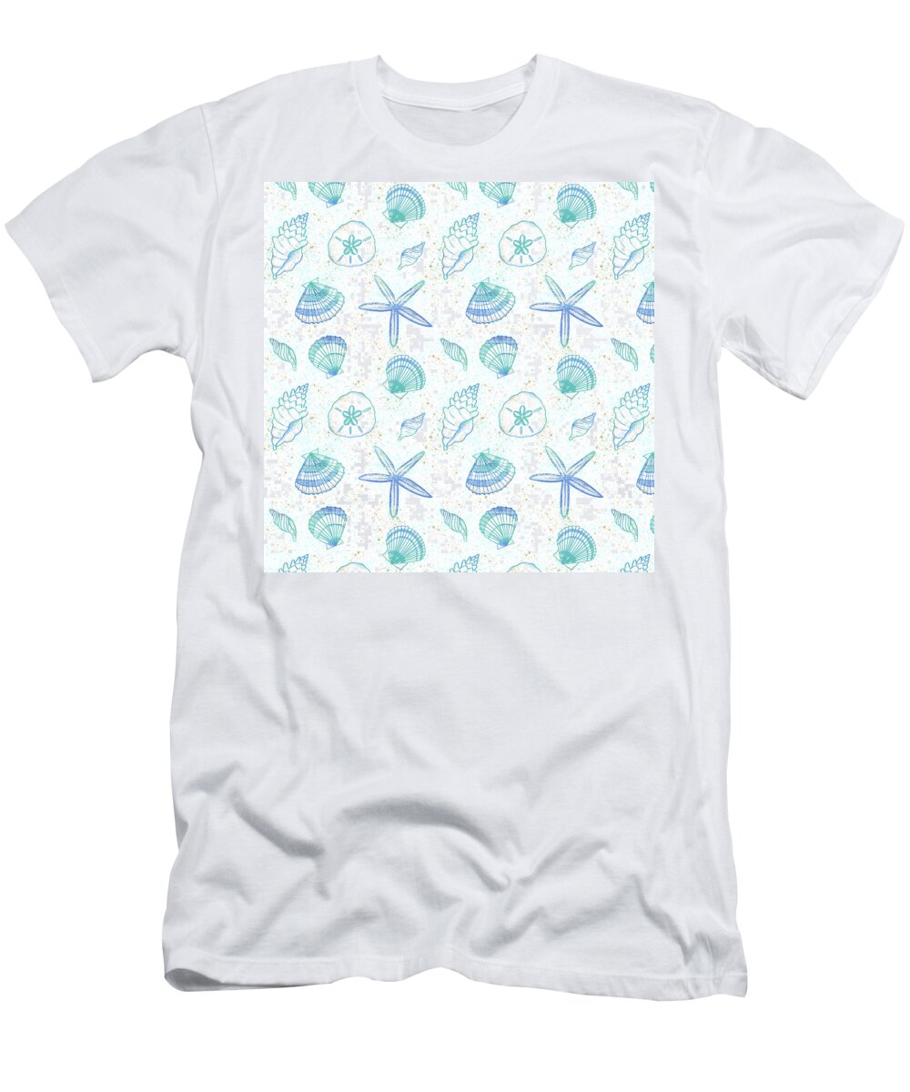 Pattern T-Shirt featuring the painting Vibrant Seashell Pattern White Background by Jen Montgomery