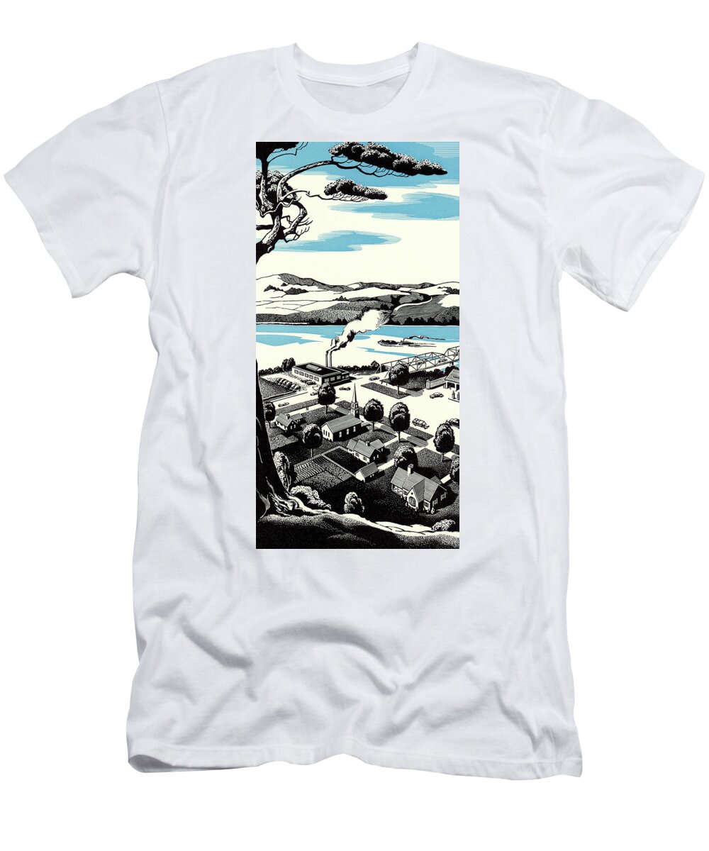 Architecture T-Shirt featuring the drawing View of Town From A Hill by CSA Images