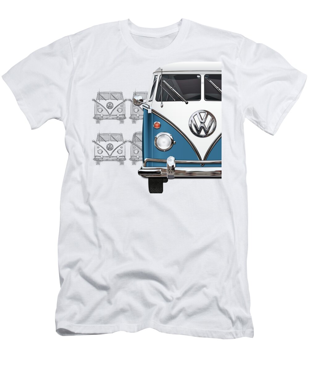 ‘volkswagen Type 2’ Collection By Serge Averbukh T-Shirt featuring the digital art Volkswagen Type 2 - Blue and White Volkswagen T1 Samba Bus over Vintage Sketch by Serge Averbukh