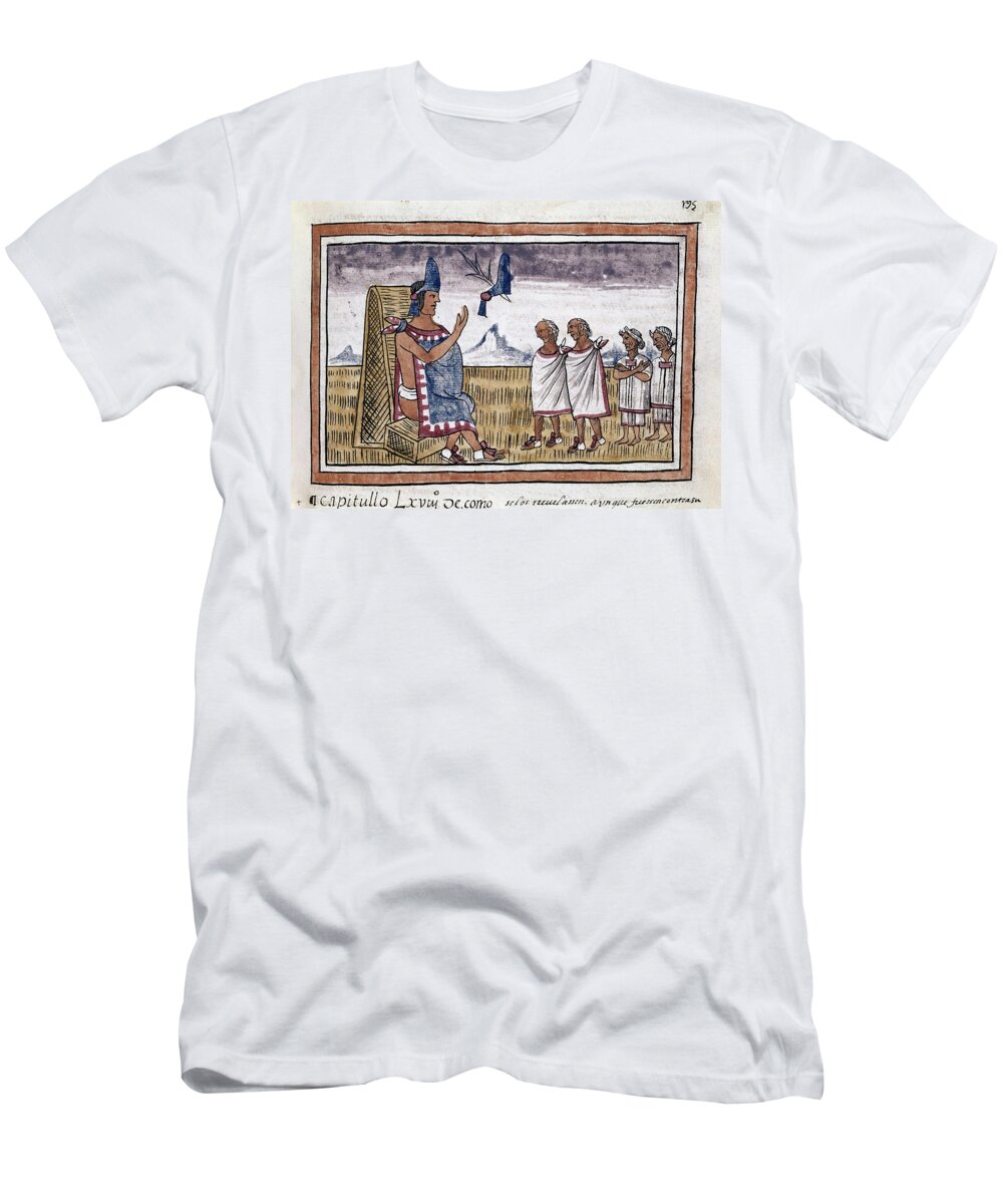 Diego Duran T-Shirt featuring the drawing West India History Of New Spain - Folio 195. Diego Duran . Moctezuma II. by Diego Duran -1537-1588-