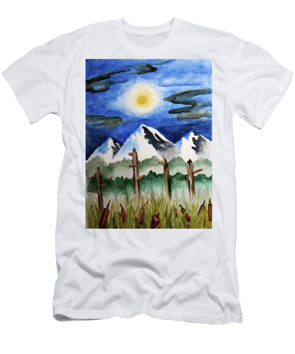 Nature T-Shirt featuring the painting Wetlands with mountains by Robert Morin