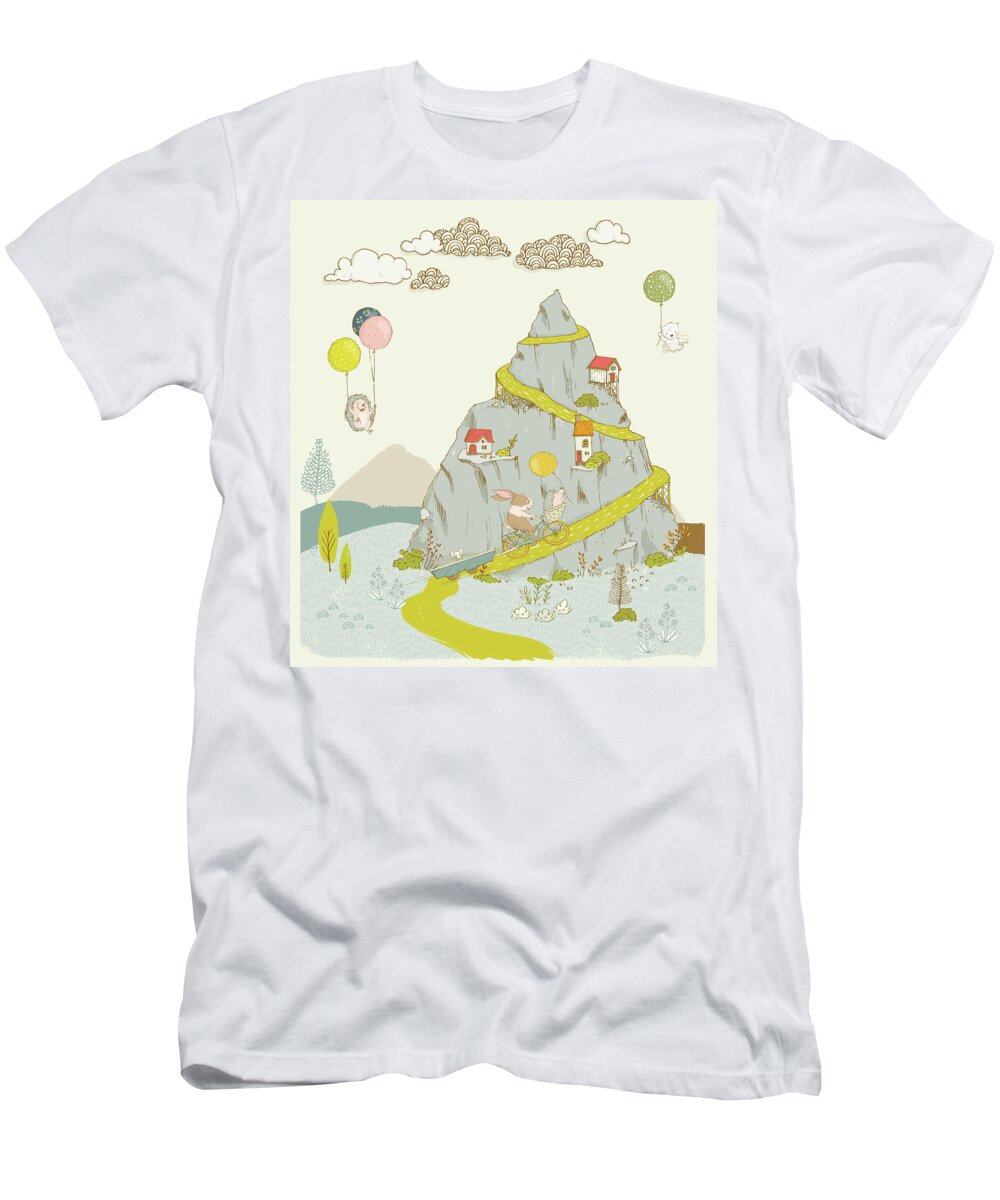 Whimsical T-Shirt featuring the painting Whimsical mountain and animal art for kids by Matthias Hauser