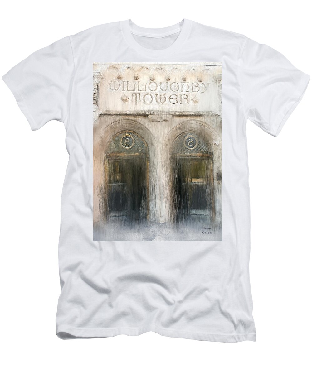 Chicago Michigan Avenue T-Shirt featuring the mixed media Willoughby Tower Entrance by Glenn Galen