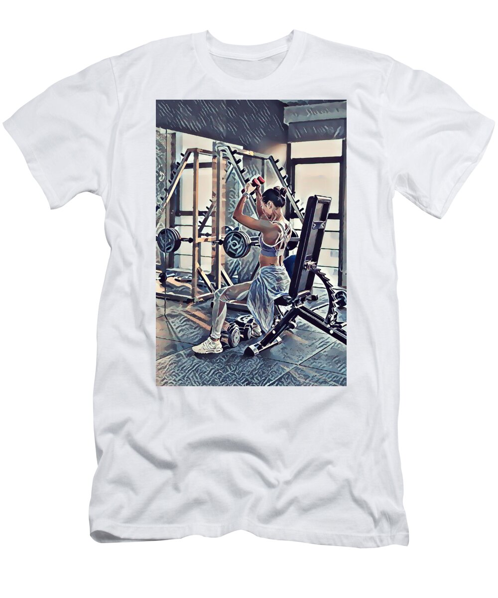 Woman Exercise Workout In Gym Fitness T-Shirt featuring the painting Woman exercise workout in gym fitness by Jeelan Clark