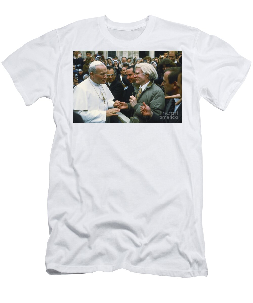 Andy Warhol T-Shirt featuring the photograph Andy Warhol and Pope John Paul II #1 by Lionello Fabbri