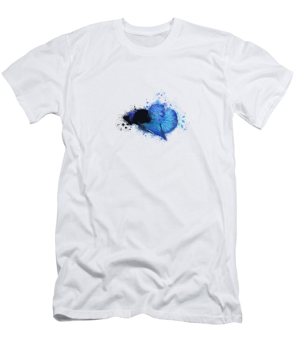 Artistic T-Shirt featuring the digital art Artistic Blue Black Light Betta Fish by Sambel Pedes