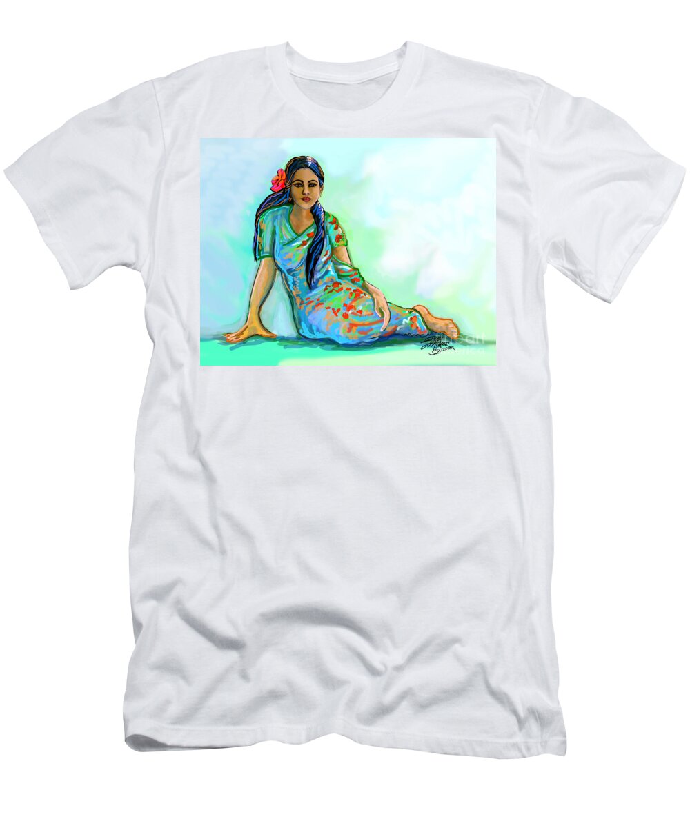Indian Woman With Sari T-Shirt featuring the digital art Indian Woman With Flower by Stacey Mayer