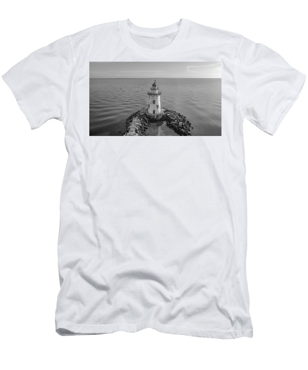 Black And White T-Shirt featuring the photograph Old Saybrook Outer Lighthouse by Veterans Aerial Media LLC
