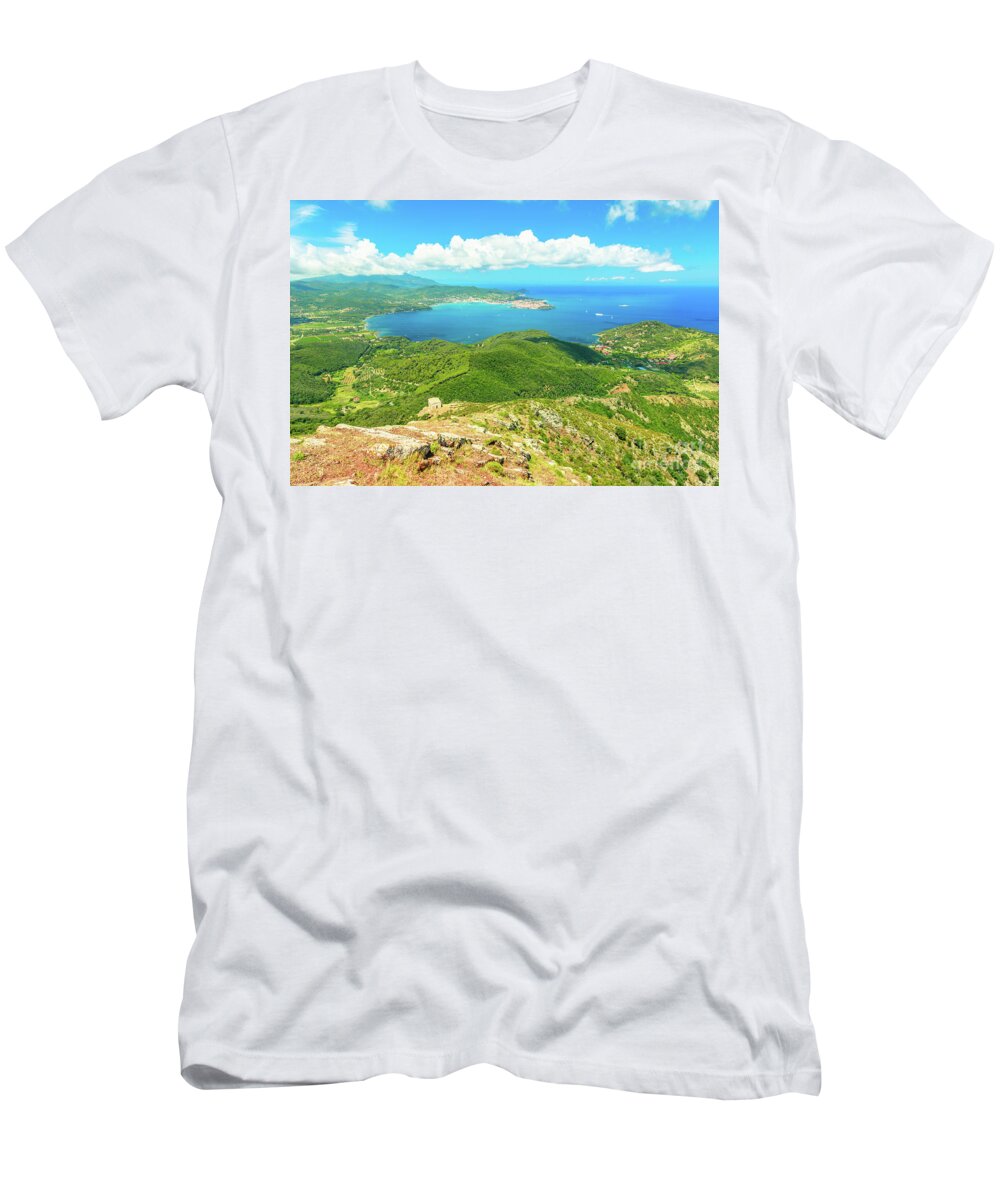Italy T-Shirt featuring the photograph Portoferraio gulf from Volterraio Mount #1 by Benny Marty