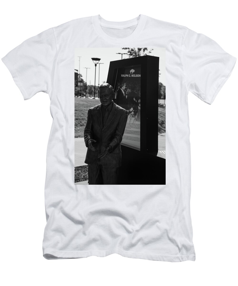 Buffalo New York T-Shirt featuring the photograph Ralph Wilson statue at Buffalo Bills Stadium in black and white by Eldon McGraw