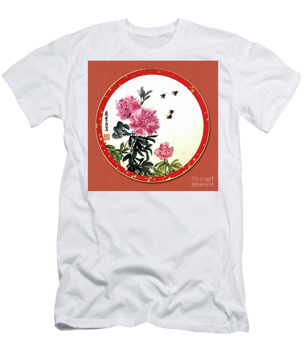 Peony Flowers T-Shirt featuring the mixed media Rich and Honored, Being in Full Flower by Carmen Lam