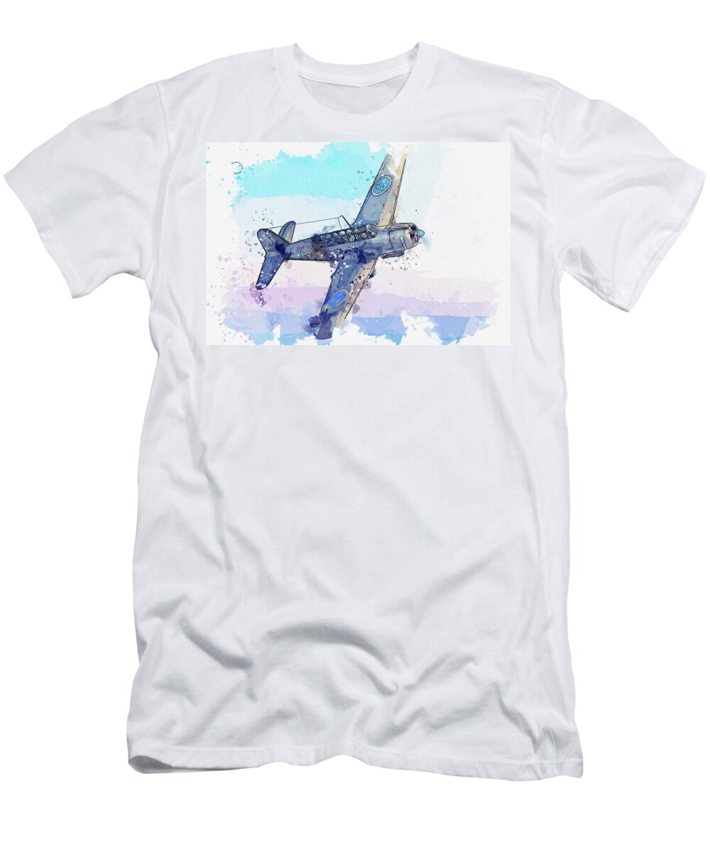 Plane T-Shirt featuring the painting Saab B A in watercolor ca by Ahmet Asar #1 by Celestial Images