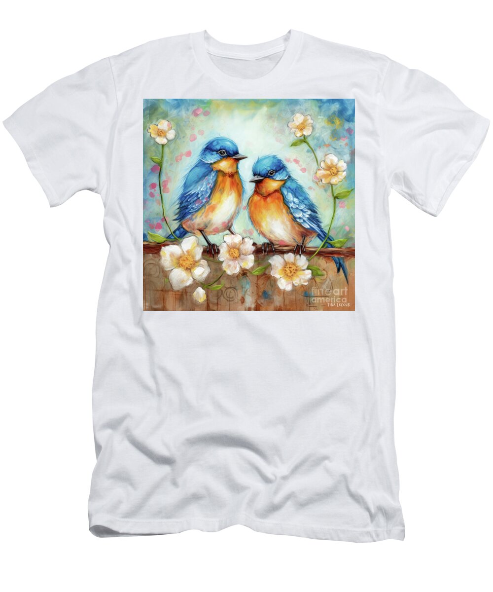 Bluebirds T-Shirt featuring the painting The Spring Bluebirds by Tina LeCour