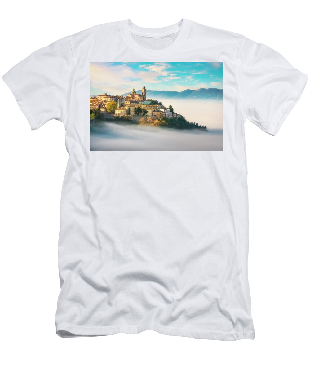 Trevi T-Shirt featuring the photograph Trevi picturesque village in a foggy morning. Perugia, Umbria, I by Stefano Orazzini