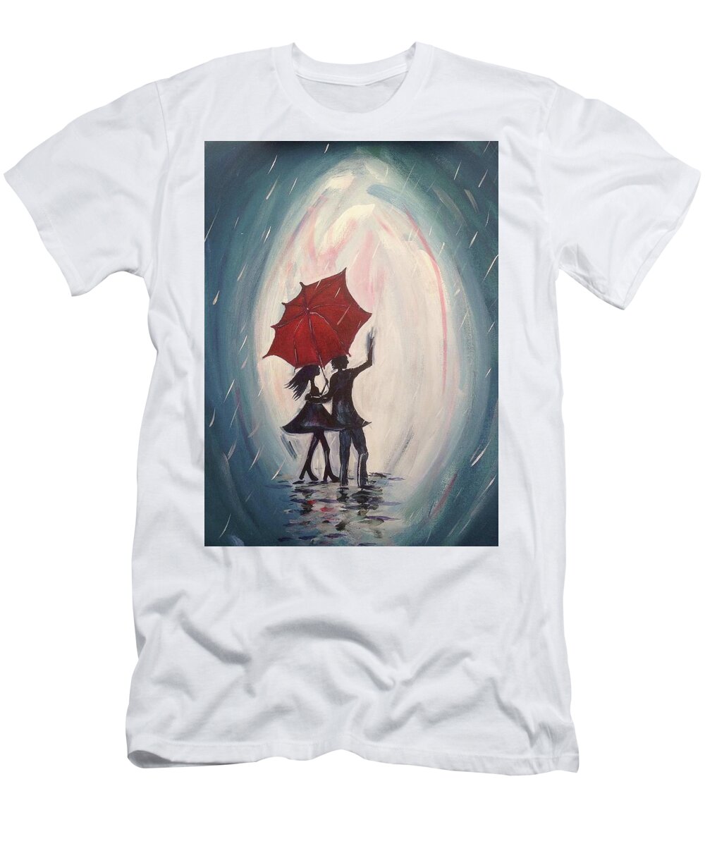 Lovers T-Shirt featuring the painting Walking in the Rain #1 by Roxy Rich