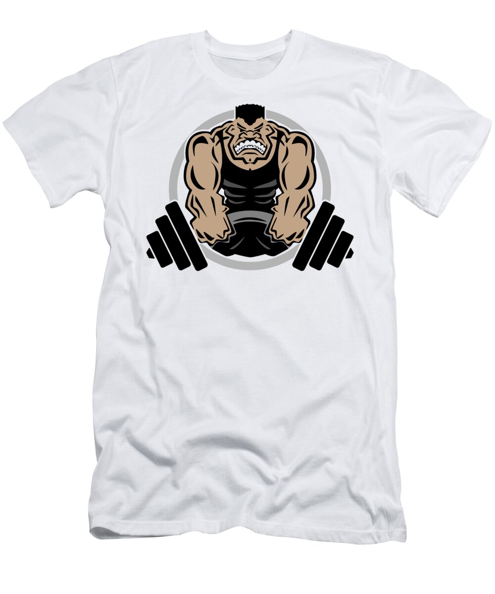Weightlifting Muscle Fitness Gym Cartoon T-Shirt by Jeff Hobrath