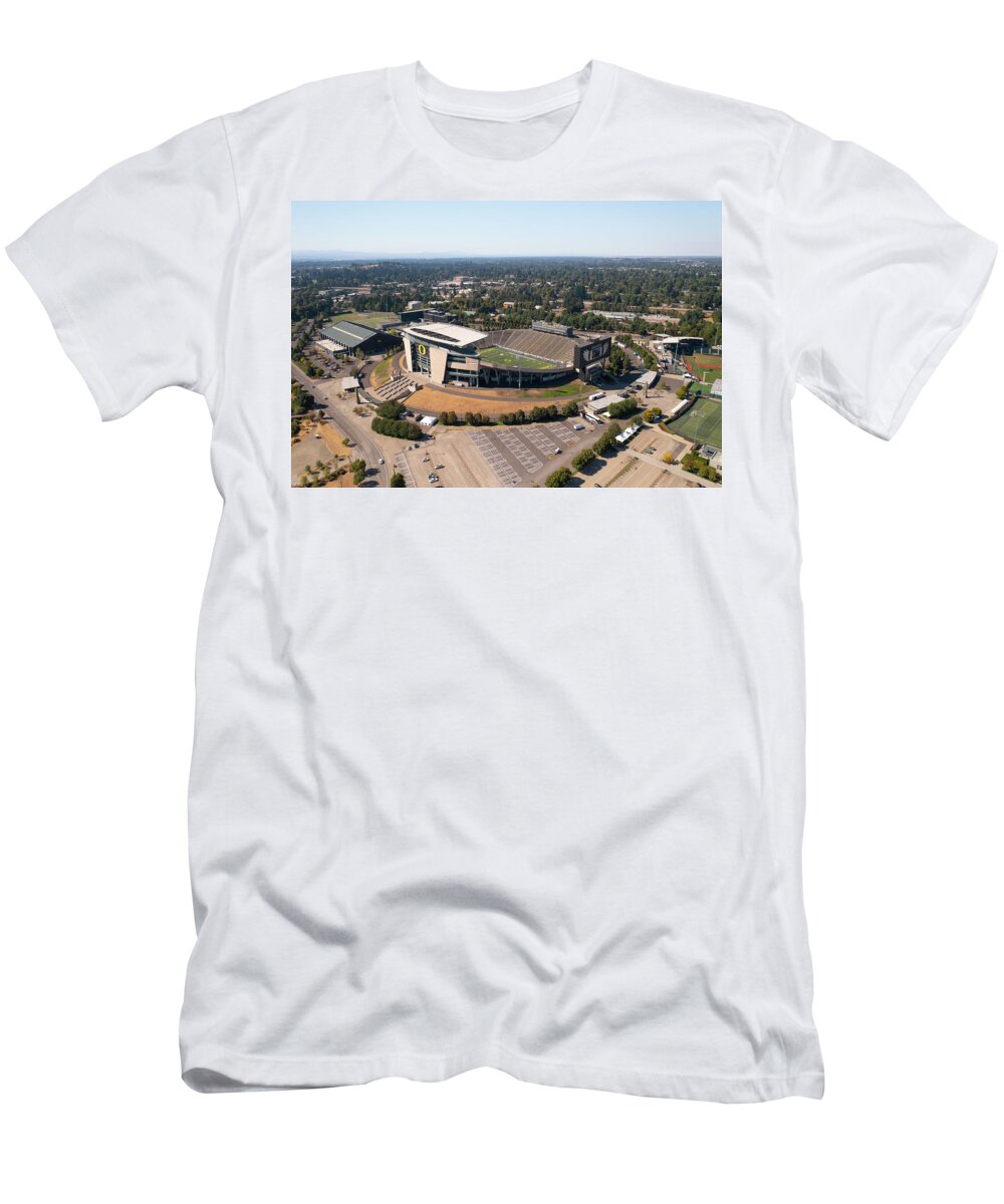 Autzen Stadium T-Shirt featuring the photograph Wide shot of Autzen Stadium at the University of Oregon #1 by Eldon McGraw