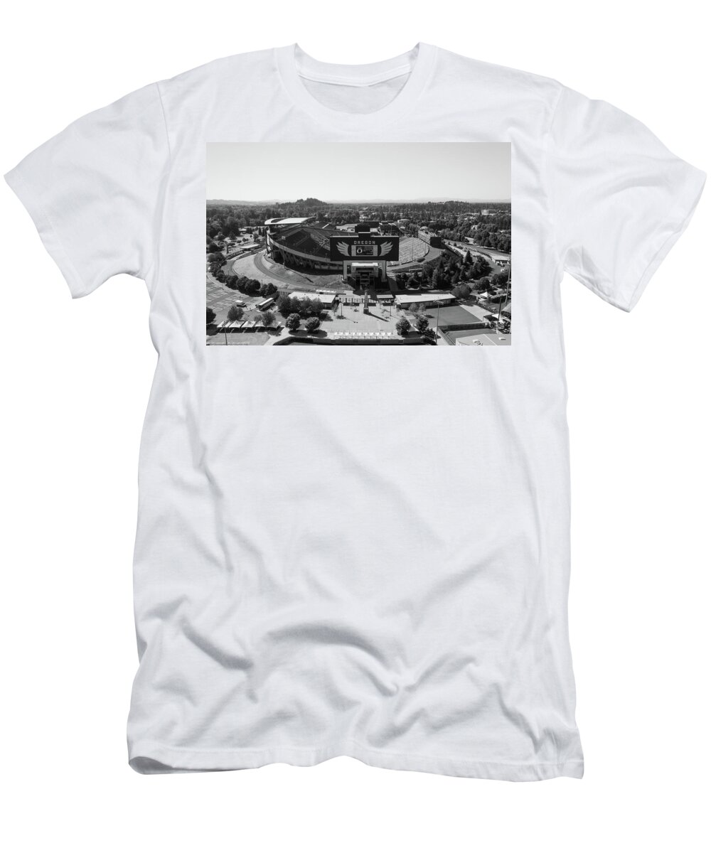 Autzen Stadium T-Shirt featuring the photograph Wide shot of Autzen Stadium at the University of Oregon in black and white #1 by Eldon McGraw