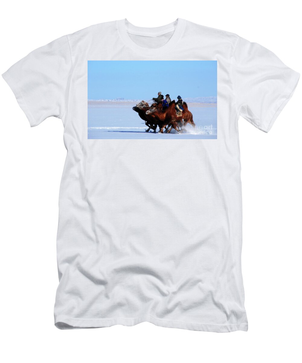 Winter Camel Racing T-Shirt featuring the photograph Winter Camel racing #1 by Elbegzaya Lkhagvasuren