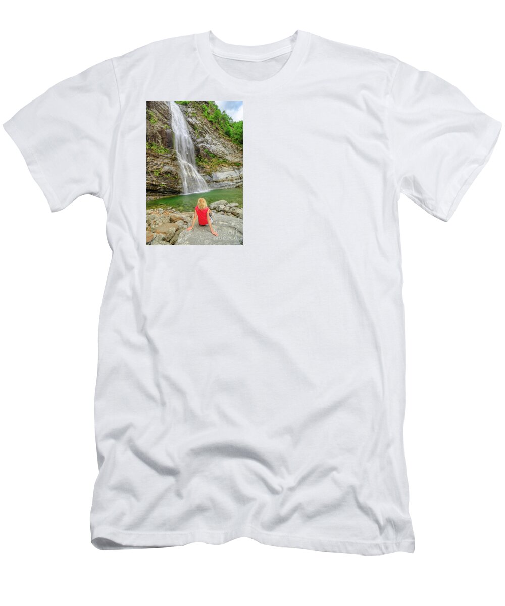 Switzerland T-Shirt featuring the photograph woman in great waterfall of Bignasco #1 by Benny Marty