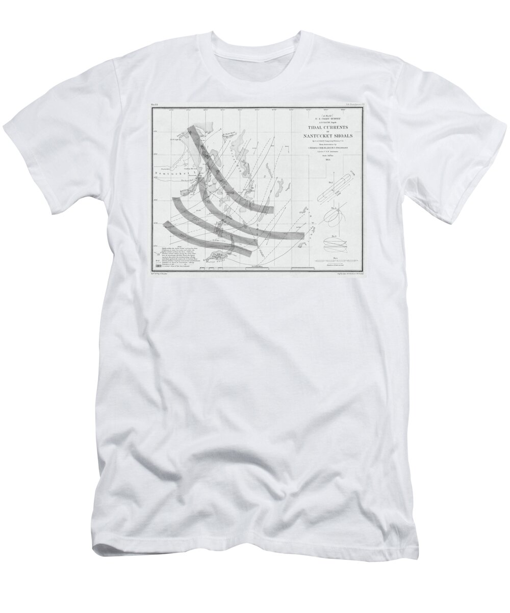 Nantucket T-Shirt featuring the photograph 1854 Nantucket Massachusetts Map Tidal Currents of Nantucket Shoals Black and White by Toby McGuire