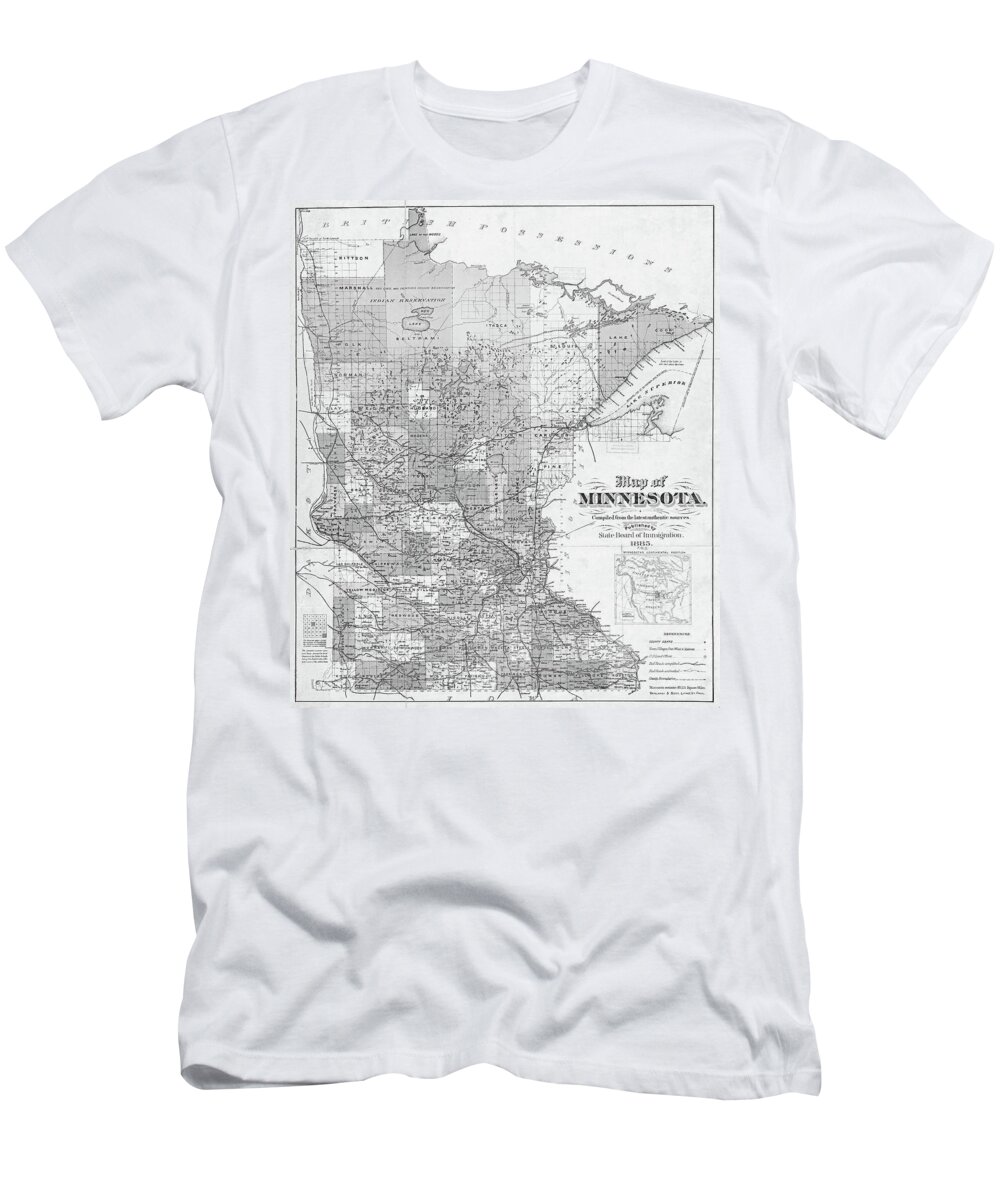 1885 T-Shirt featuring the photograph 1885 Historical Map of Minnesota in Black and White by Toby McGuire