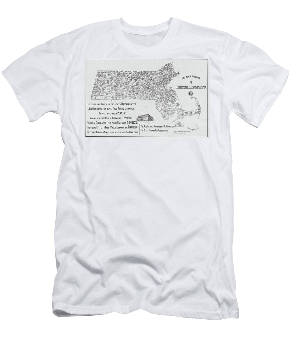 Massachusetts T-Shirt featuring the photograph 1892 Free Libraries map Massachusetts in black and white by Toby McGuire