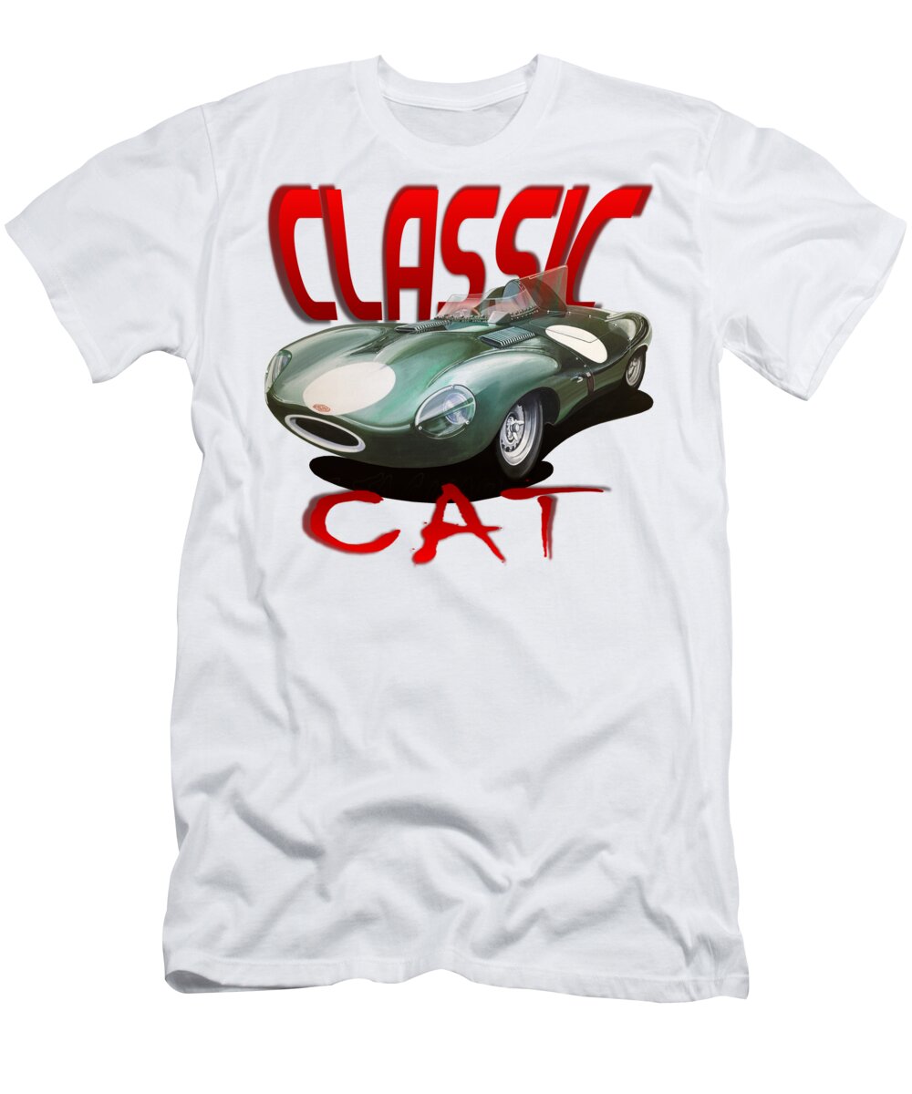 Classic Jaguar D-type T-Shirt featuring the mixed media 1955 Jaguar D-Type by Simon Read