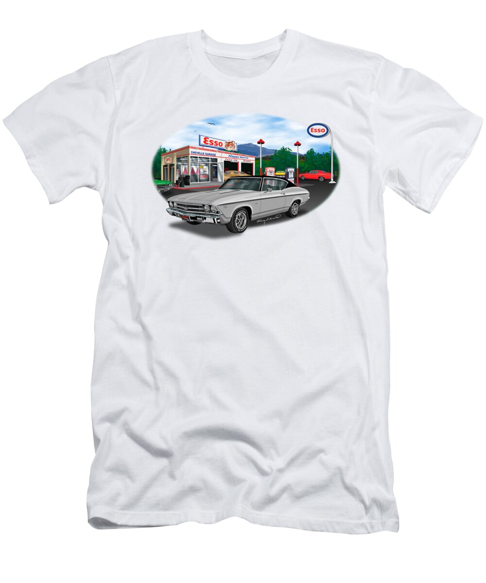 1969 Chevelle Ss 396 Gas Station Silver With Black Stripe And Vinyl Top Muscle Car Art T-Shirt featuring the drawing 1969 Chevelle SS 396 Gas Station Silver with Black Stripe and Vinyl Top Muscle Car Art by Alison Edwards